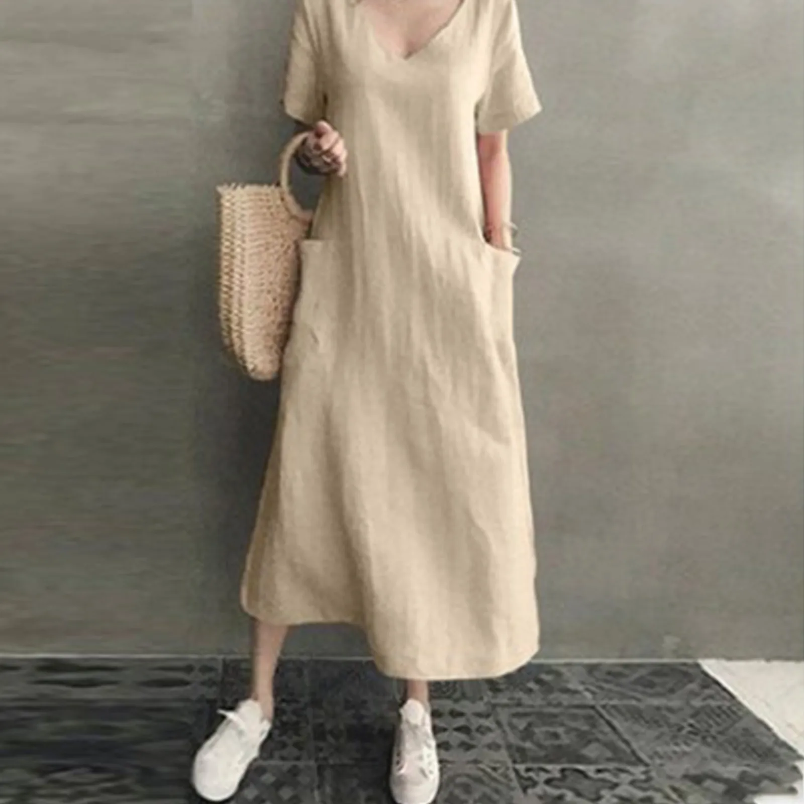 Vintage Cotton Linen Pocket Maxi Dress Summer Short Sleeve Solid Color V Neck Boho Holiday Beach Casual Clothing Dress Vestidos