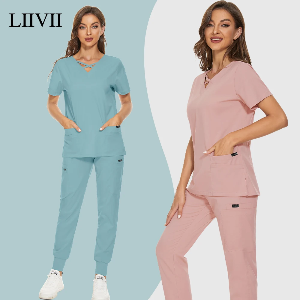

High Quality Elasticity Medical Uniforms Women Scrubs Set Clinical Workwear Surgical Overall Nurse Top Pants Nursing Accessories