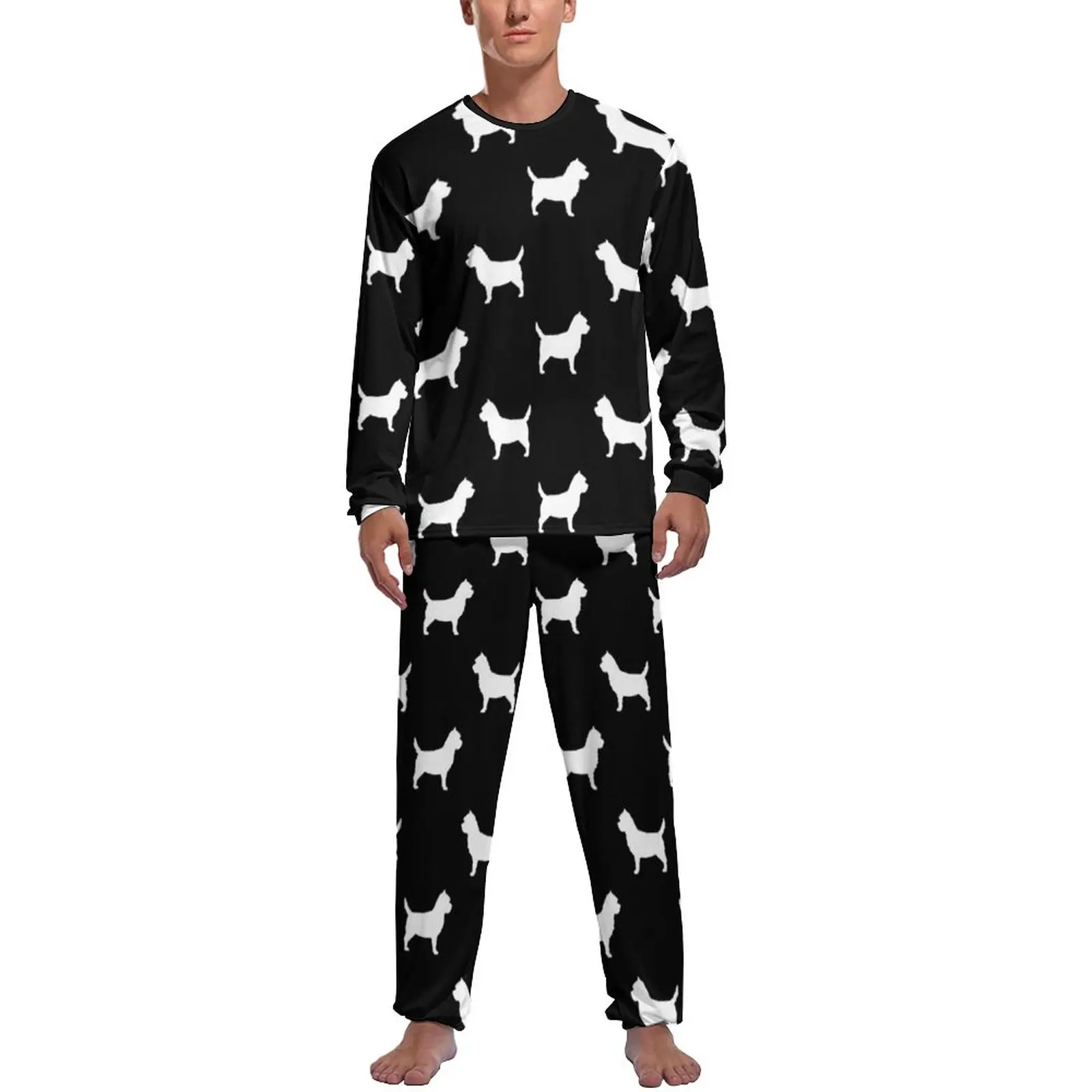 Animal Silhouette Pajamas Man Dogs Print Soft Sleepwear Autumn Long Sleeve 2 Pieces Room Graphic Pajama Sets