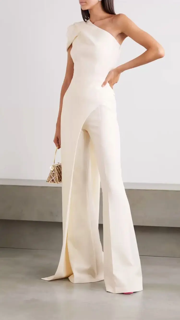 

2023 Summer Women's High Waist White Straight Casual Jumpsuits Long Pants Sleeves Show Thin Hanging Neck Backless Jumpsuits