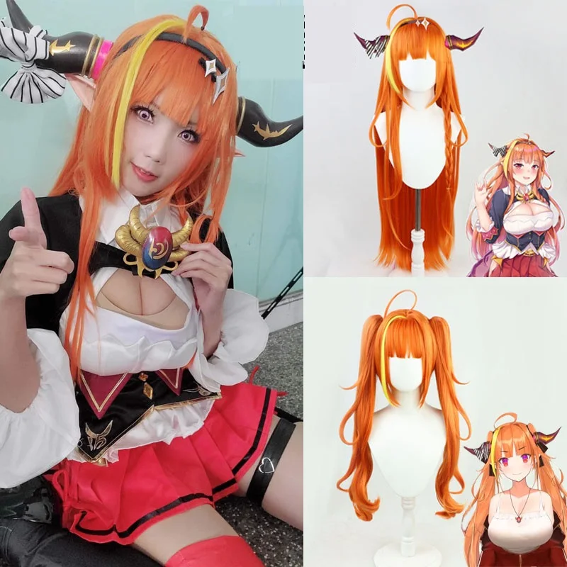 New Hololive Vtuber Kiryu Coco Cosplay Wig 85cm Long Orange Wig with Horns Headwear Hairclip Cosplay Accessories Halloween Props