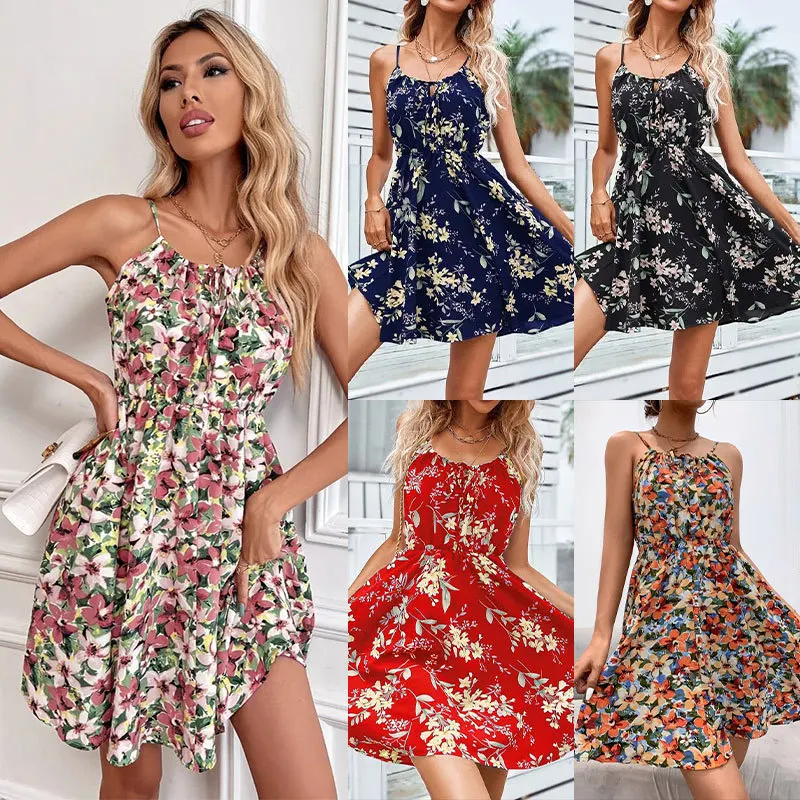 

2023 summer European and American women's new fashion floral slip dress sleeveless elastic waist short skirt women