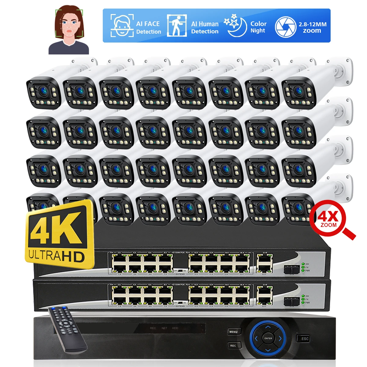 

32ch Face Detect IP Camera POE 4K 2K 2.8mm-12mm Auto Focus Zoom Security Camera System 8MP Color Night Video Surveillance Set