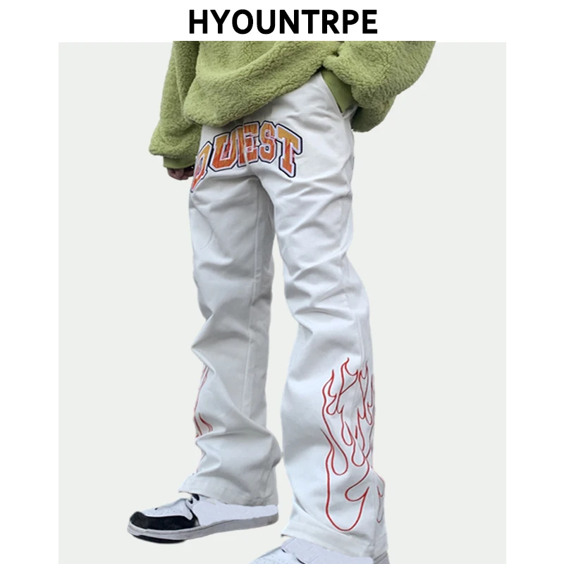 

Mens High Street Denim Jean Pants Fashion Side Fire Embroidery Straight Zipper Trousers Jeans Spring Hip Hop Streetwear Joggers
