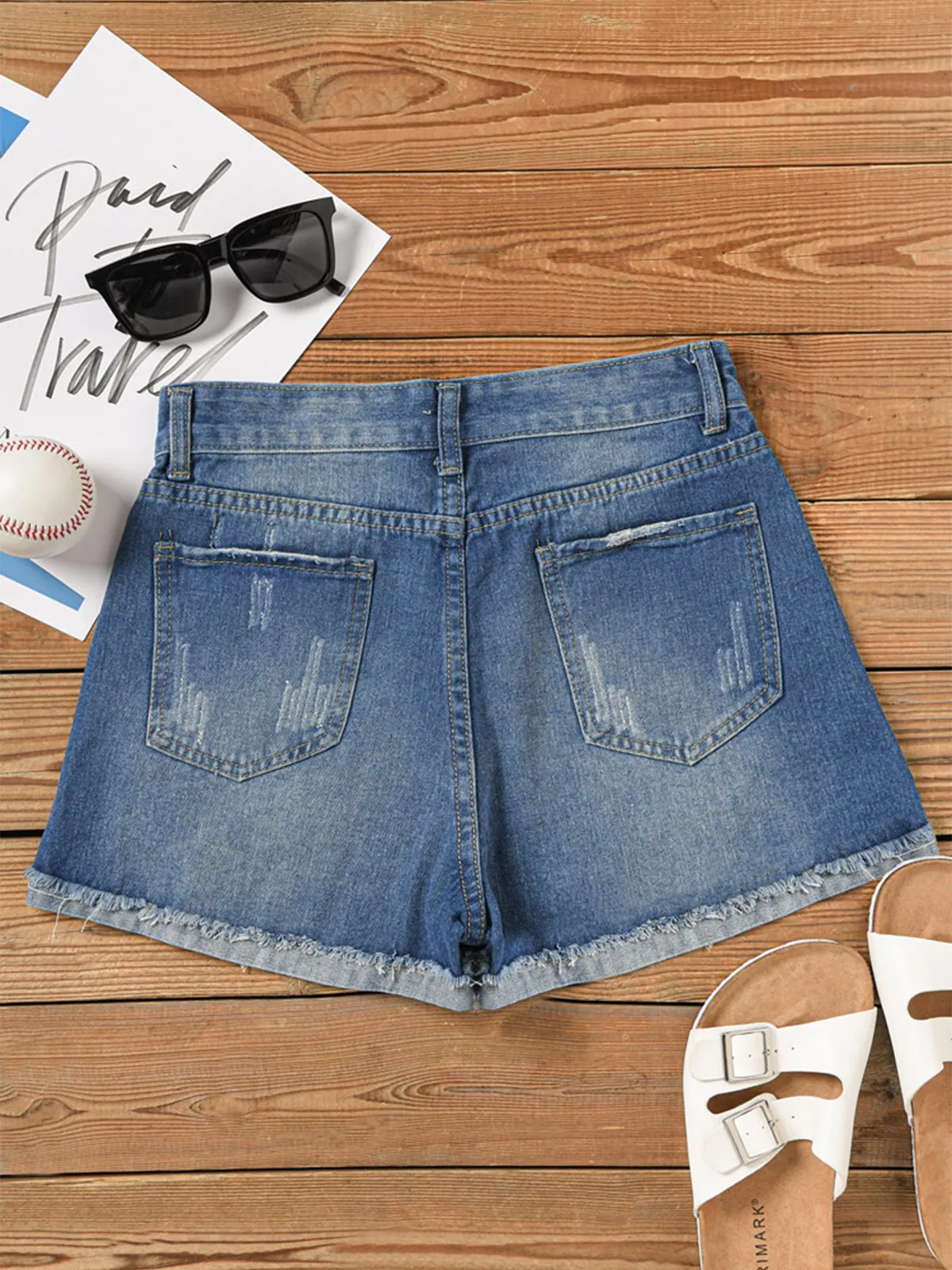 Women Fashion Ripped High Waisted Rolled Baseball Patch Pocket Denim Shorts Vintage Hole Summer Casual Short Jeans Hotpants