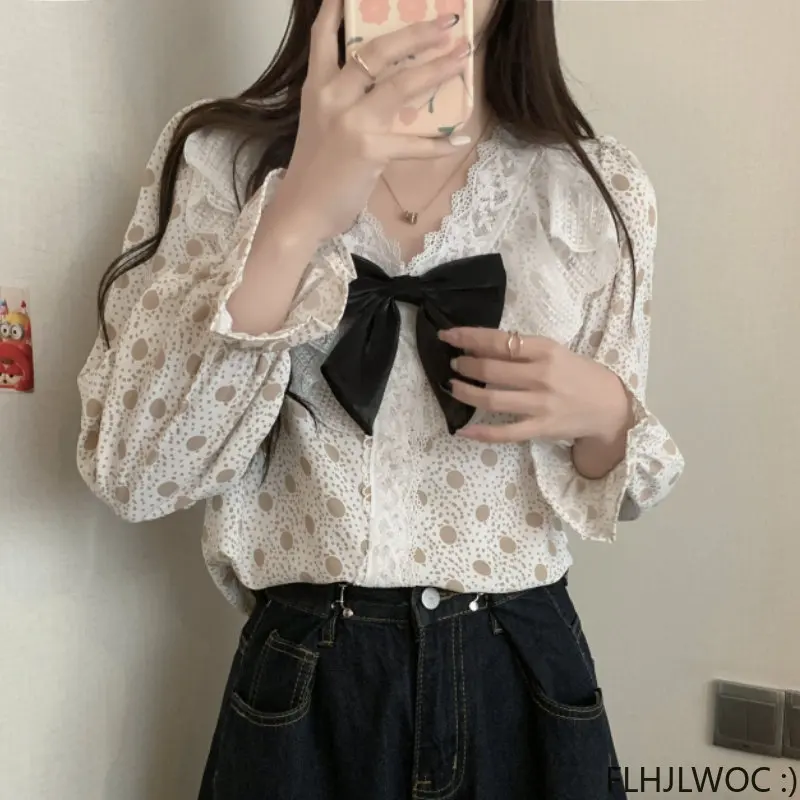 

Women's Ruffles Cute Bow Tie Tops Preppy Style Vintage Japanese Korea Design White Lace Formal Floral Girls Shirts Blouses