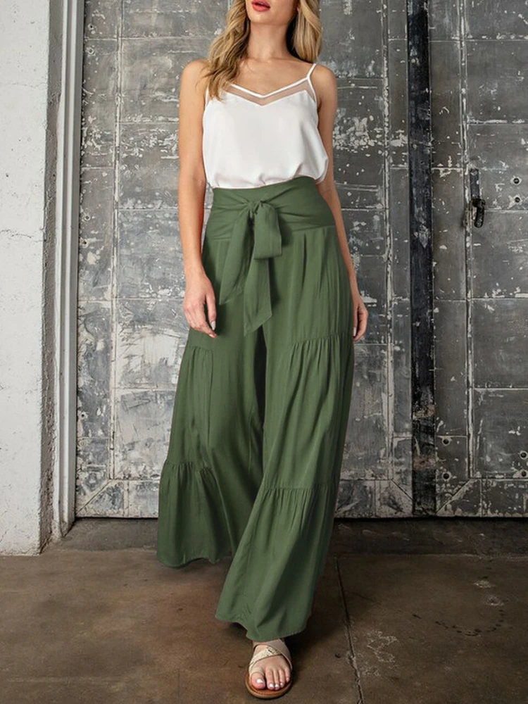 2022 Spring and Summer Women's Multicolor Fashion Temperament Straps Elastic Waist Pleated Wide Leg Pants Casual Loose Trousers