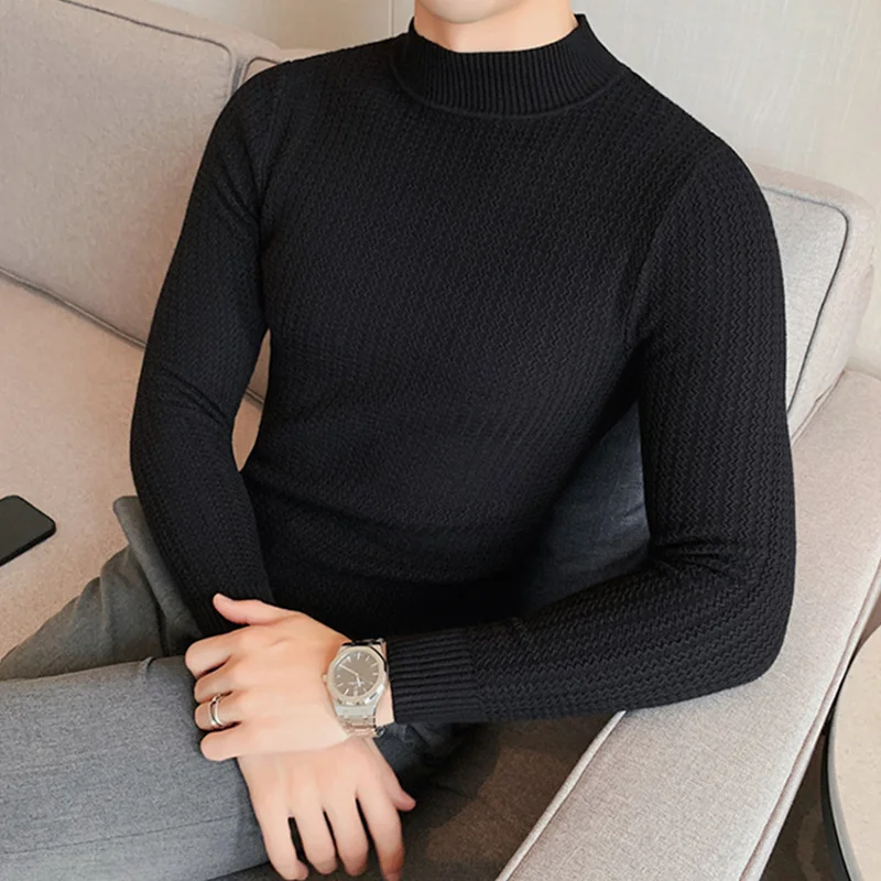 2022 Winter Half Turtleneck Sweater Men's Knitted Pullover Slim Solid Color Wool Knitwear Green Long-sleeved Top