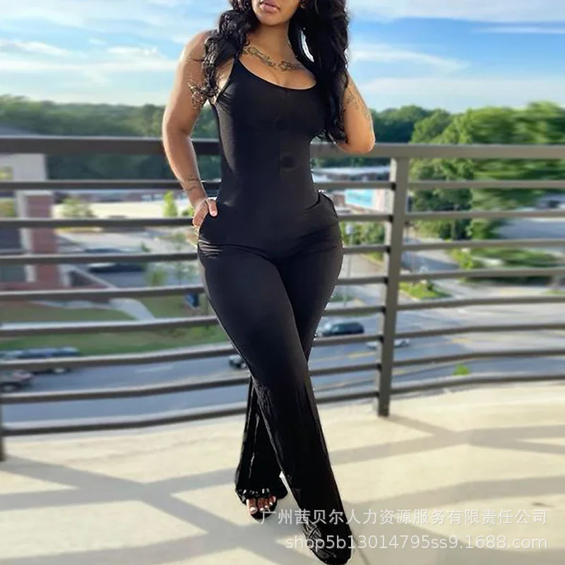 

Sexy Women Fashion Strap Skinny Stretch Jumpsuit Overalls Casual Female Sleeveless High Waist Corset Wide Leg Pants Onepieces