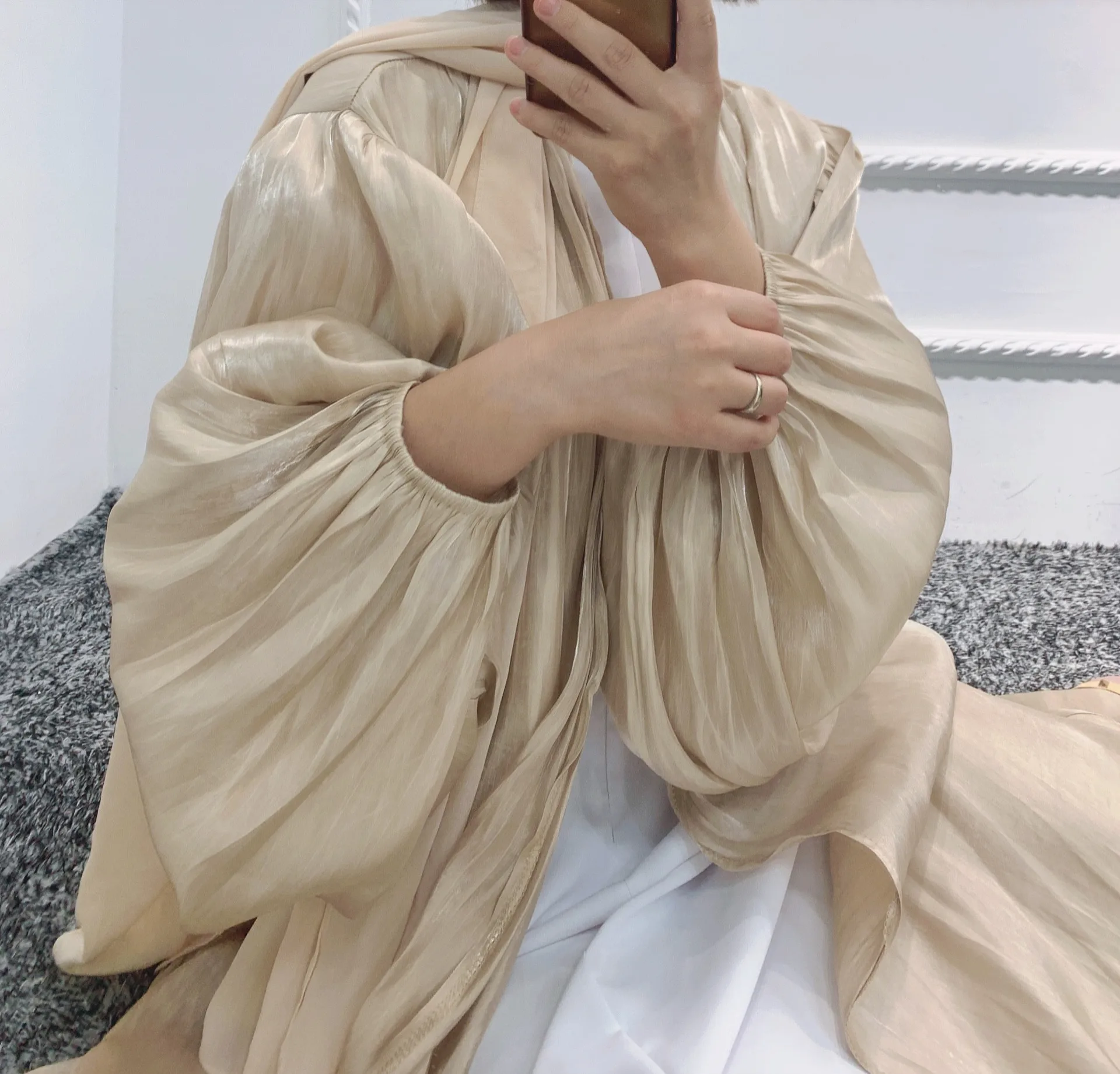 Muslim Satin Eid Open Abaya Dubai Bubble Sleeve Flowy Turkish Dresses Kaftan for Women Islamic Clothing Kimono Femme Musulmane