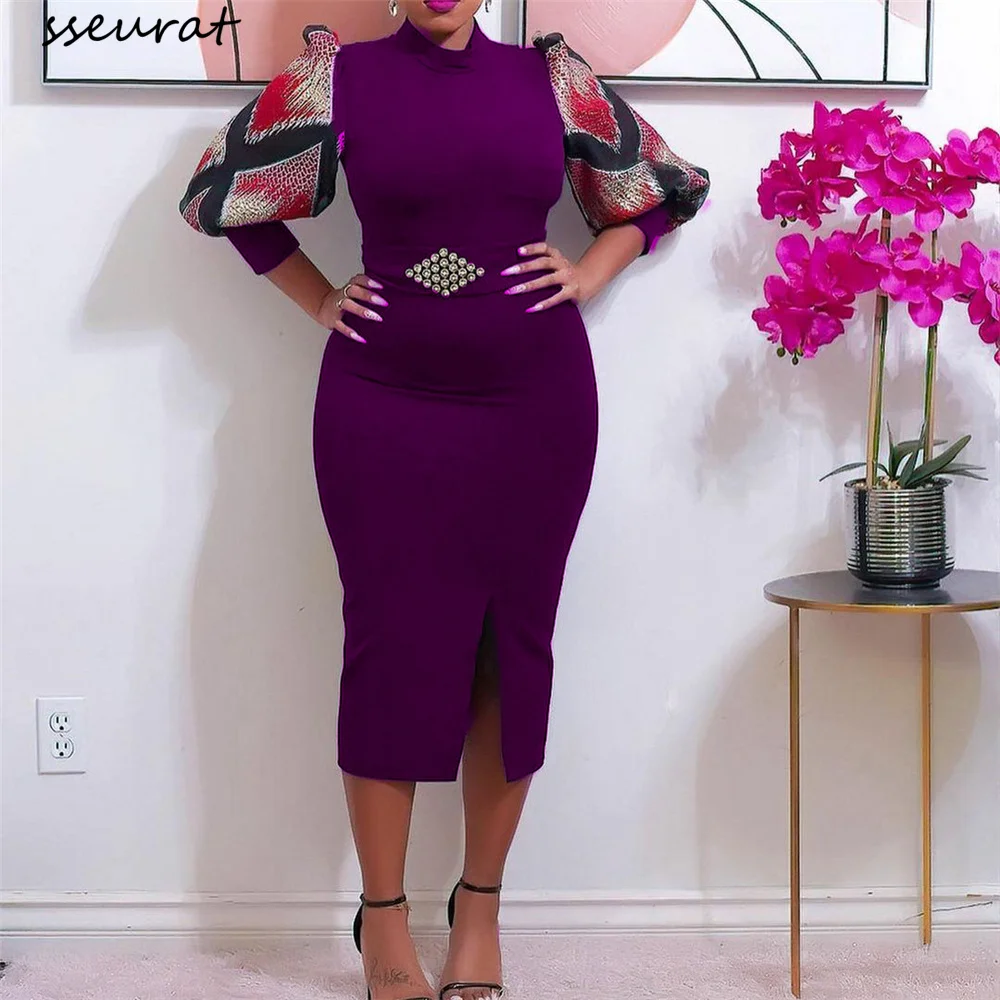 

SSEURAT Women Bodycon Dress Patchwork Sleeves Printed Elegant Office Ladies Classy Modest Work Wear African Female 2022 Spring