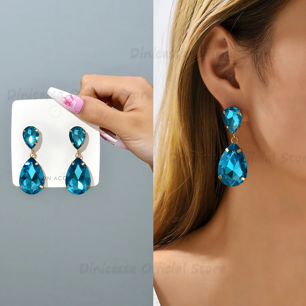 

European and American Fashionable Sea Blue Water Drop Glass Earrings Luxury Vintage Earrings High-end Elegant Pendant Jewelry