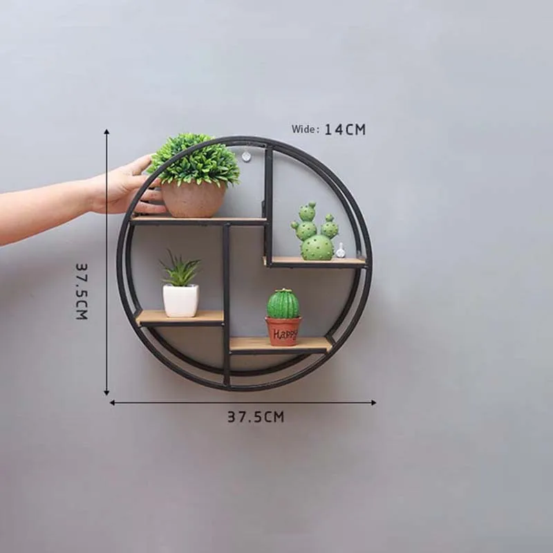 

European Style Living Room Wall Hanging Iron Shelf Retro Solid Wood Bookshelf Partition Wall Decorative Circular Display Shelf