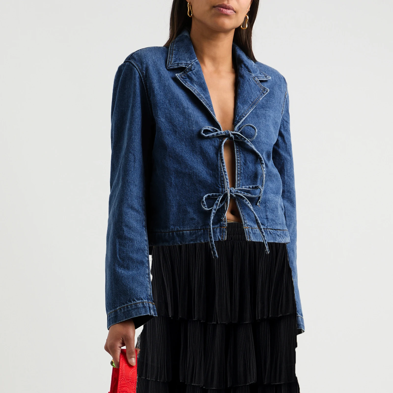 Женская джинсовая куртка однотонные джинсовые топы с лацканами и завязками