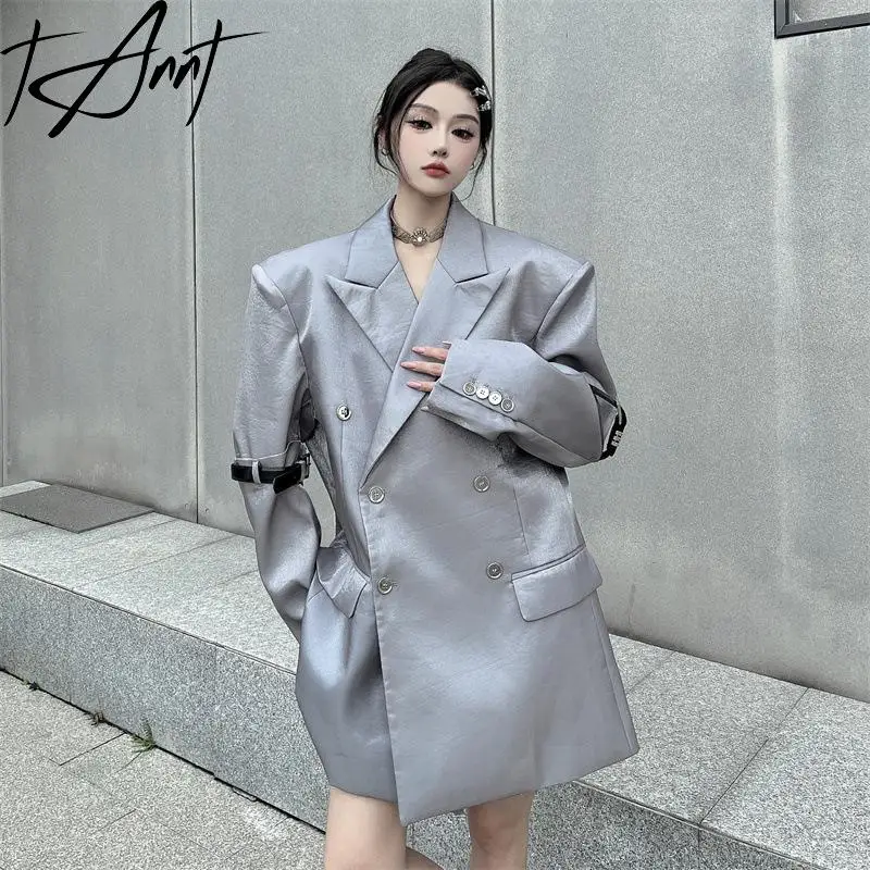 

Женский блейзер в стиле пэчворк, серого и черного цвета, зимняя куртка оверсайз, куртки, двубортные модные свободные длинные Костюмные пальто для женщин