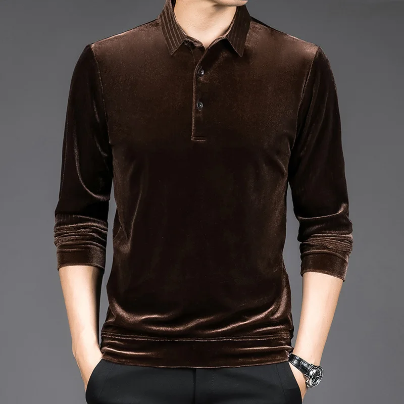 

New High Quality Golden Velvet Luxury Polo Shirt Men Spring Long Sleeve Tee Shirt Homme Casual Slim Fit Camisa Polos T1129