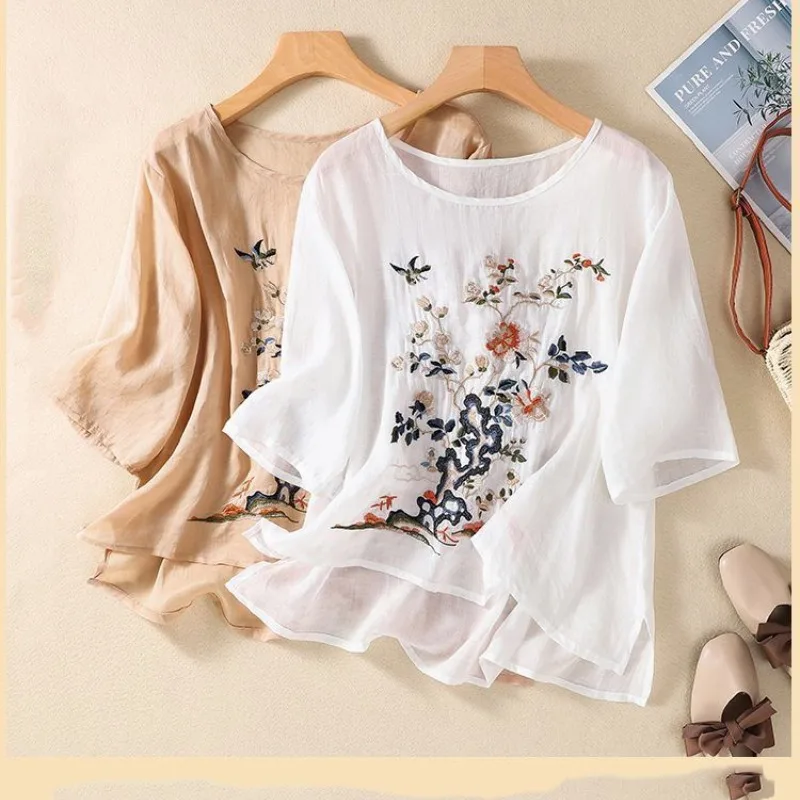 Женская свободная рубашка с вышивкой повседневный тонкий однотонный пуловер