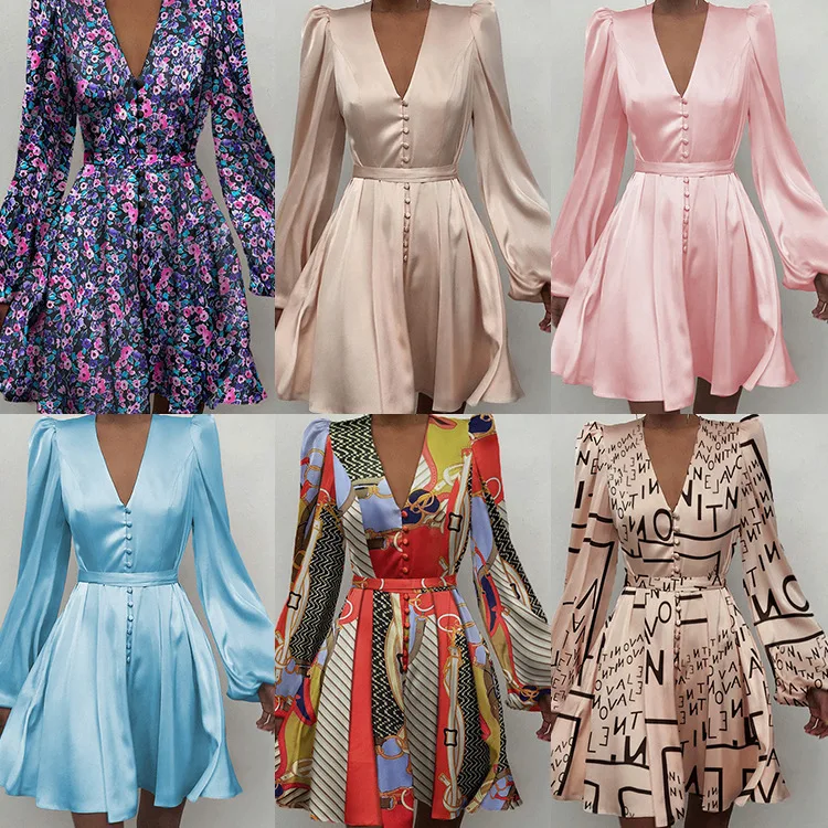 

2023 Spring New Women's Fashion Print V-neck Long Sleeve Temperament Commuter Dress