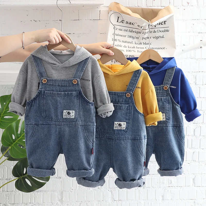 

3types 2023 Spring Autumn Korean Style Children Boys 2PCS Clothes Set Printed Letter Hoodie Denim Overalls Infant Baby Boys Suit
