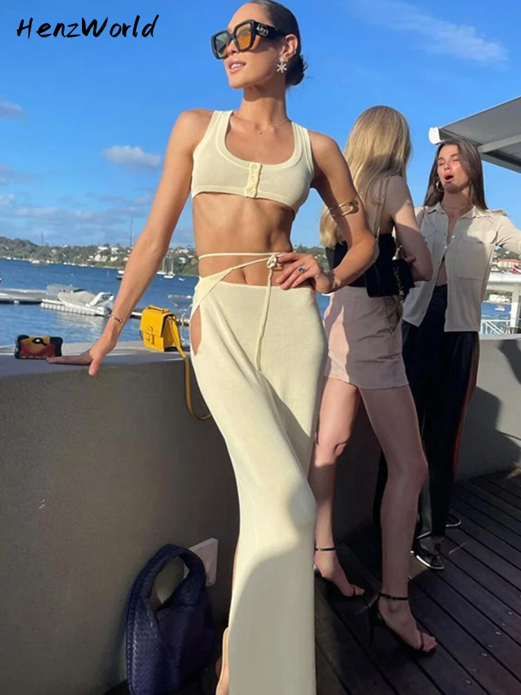 

HenzWorld Elegant Fashion Button Up Top and Skirt 2 Piece Set Bandage Dress Sets Women Sexy Backless Co-ord Sets Party Club