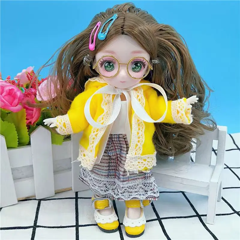 

New BJD 16cm Doll 8 Points Blue Pink Hair Doll 4D Comic Eyes 13 Joints Movable DIY Girl Dress Up Play House Set Children's Toys