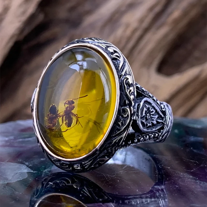

Retro Oval Ring Men's Agate Stone Ring Men's Punk Style Geometric Inlaid Yellow Zircon Ant Ring Fashion Men's and Women's Rings