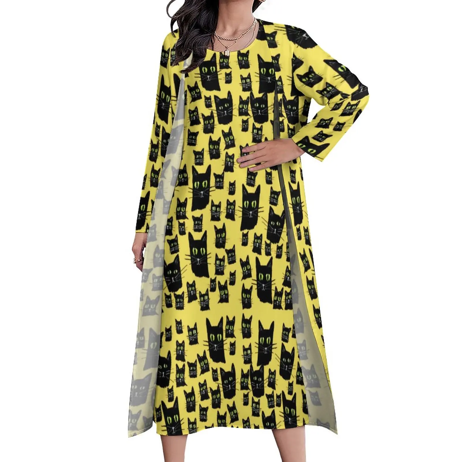 

Женское длинное платье-макси с принтом в виде кошки