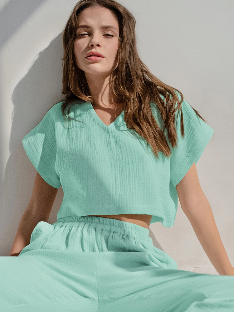 

Hiloc V Neck Sleepwear Women's Cotton Pajamas Short Sleeves Crop Tops Trouser Suits High Waist Wide Leg Pants Women Sets 2022