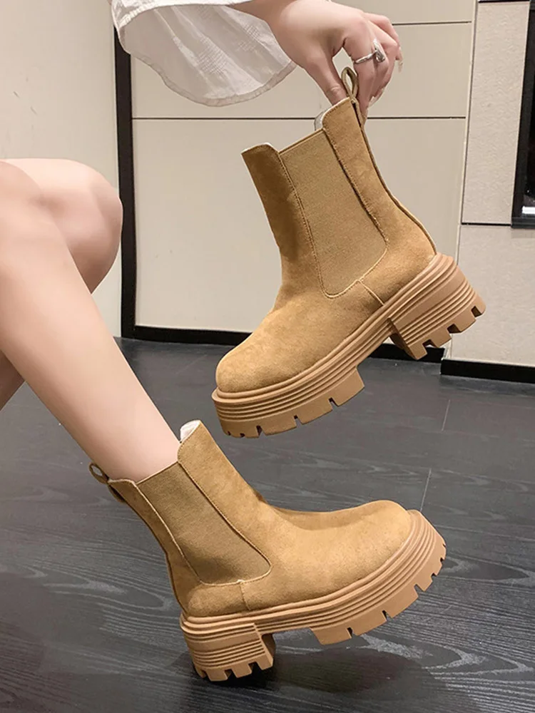 

Chelsea Women's Leather Boots Clogs Platform Female Shoes Round Toe Luxury Designer Boots-Women Ladies Ankle Autumn Fashion Med