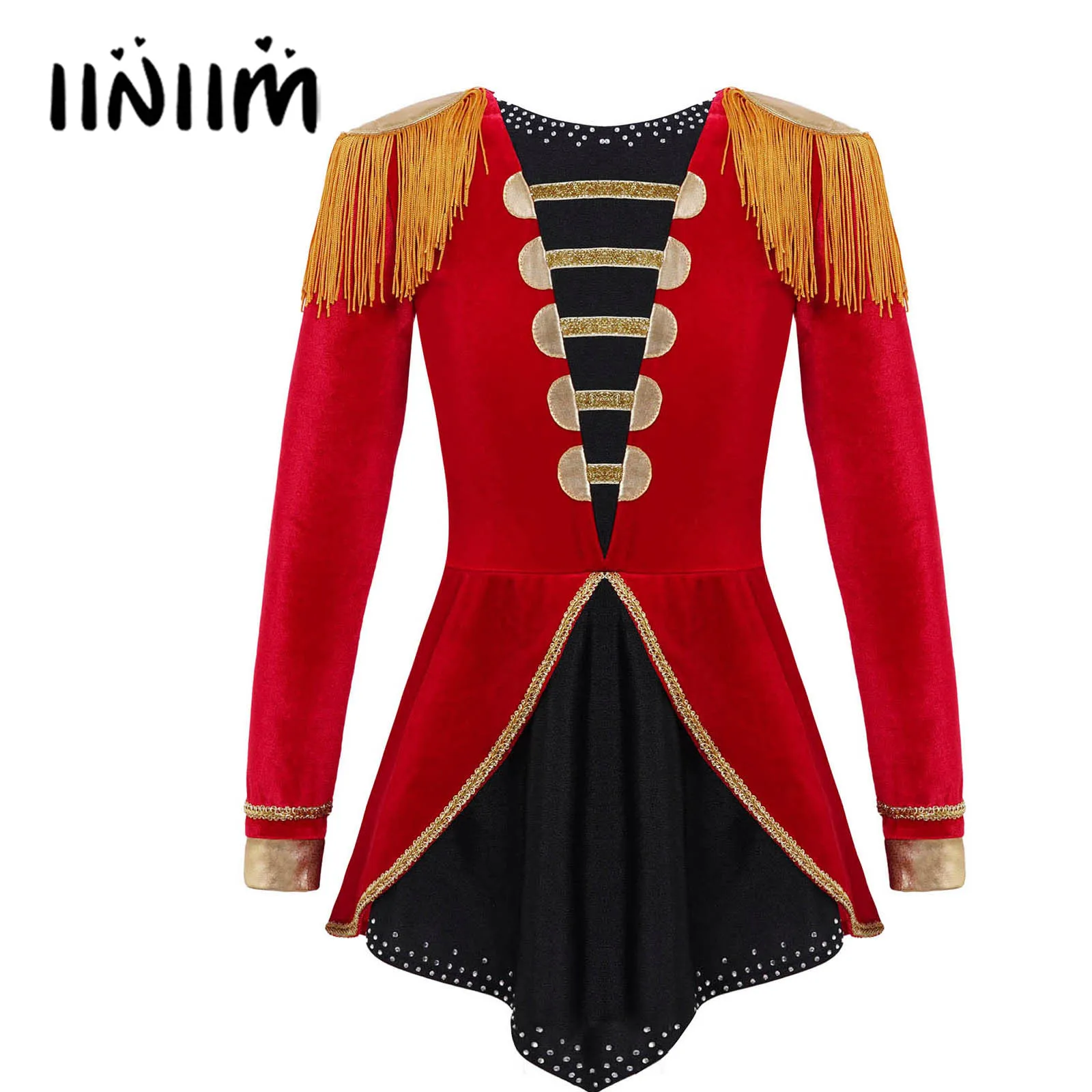 

Red Kids Girls Circus Ringmaster Carnival Cosplay Costume Long Sleeves Tassels Adorned Dip Hem Jumpsuit Performance Bodysuit