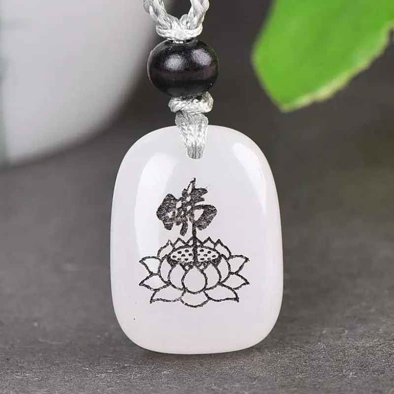 

Natural White Jades Buddhism Lotus Pendant With Rope Chain Lucky Charms Amulets Necklace Women Men Fine Jewelry Accessories