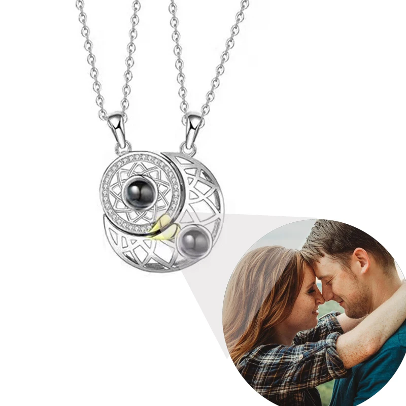 Romantic Valentine's Day Gifts Sun and Moon Custom Photo Projection Necklace with Picture Inside Couple Anniversary Jewelry