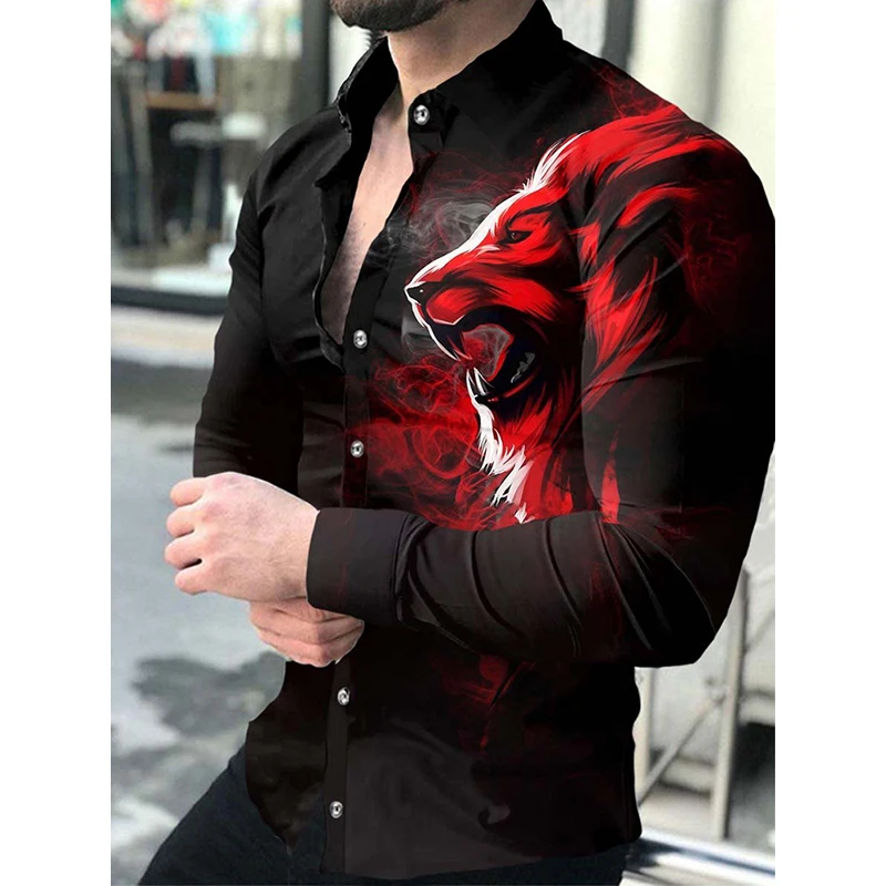

Fashion Luxury Social Men Shirts Turn-down Collar Buttoned Shirt Casual Lion Print Long Sleeve Tops Men's Clothing Prom Cardigan