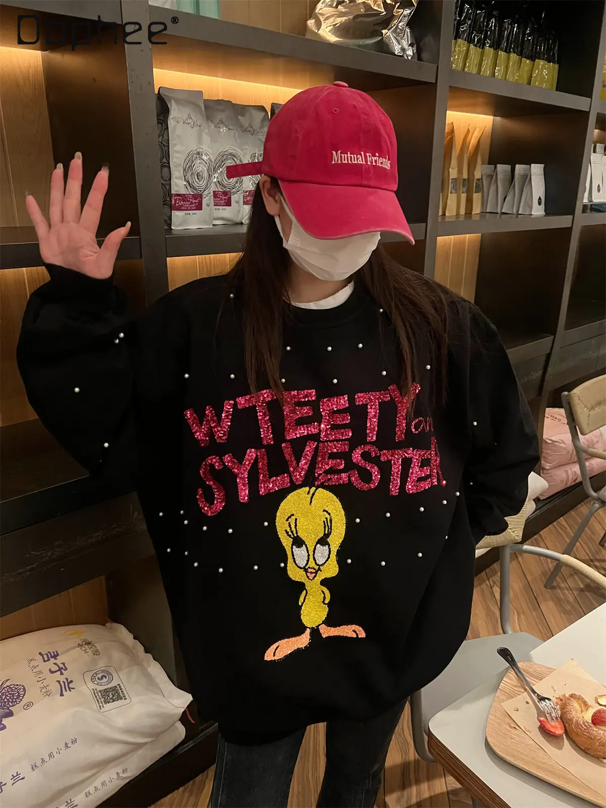 2023 Spring New Loose Fashion Brand Round Neck Bead Thickened Hoody Women's Mid-Length Cartoon Sequins Long Sleeve Sweatshirt