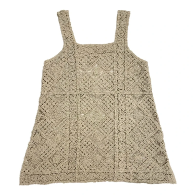 

Women Crochet Mini Sweater Dress Hollow Out Knitted Geometric Plaid Sleeveless A-Line Sundress Holiday Beach Cover Up