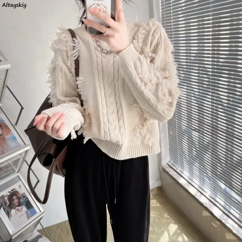 

Pullovers Women Vintage Chic Elegant Tassel Design Feminine Ulzzang Tender Cozy Solid 5 Colors Basic Knitting Ins Stylish Autumn