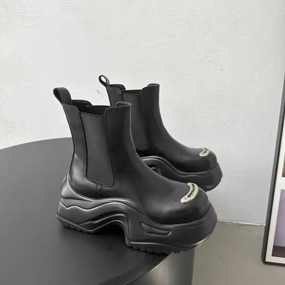 

Metal Designer Platform Boots for Women Autumn Winter Increase Cow Leather Shoes Ladies Fashion Casual Women's Ankle Boots