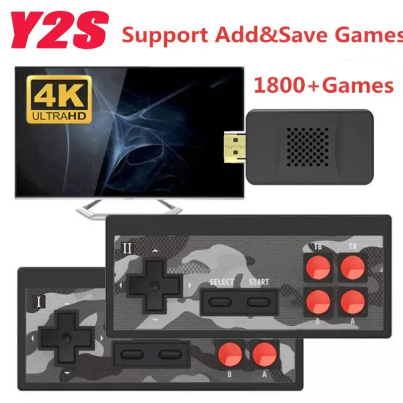 HOT Y2S 1800 Games 4K HD Game Stick TV Video Game Console Wireless Controller for PS1/SNES/SEGA/FC 9 Emulator Retro Console