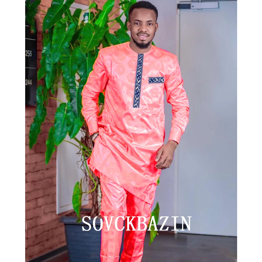 

African Clothes For Men Top Pant 2 Pieces Set Bazin Riche Pink Men Tradition Embroidery Shirt With Trouser Wedding Nigeria Cloth