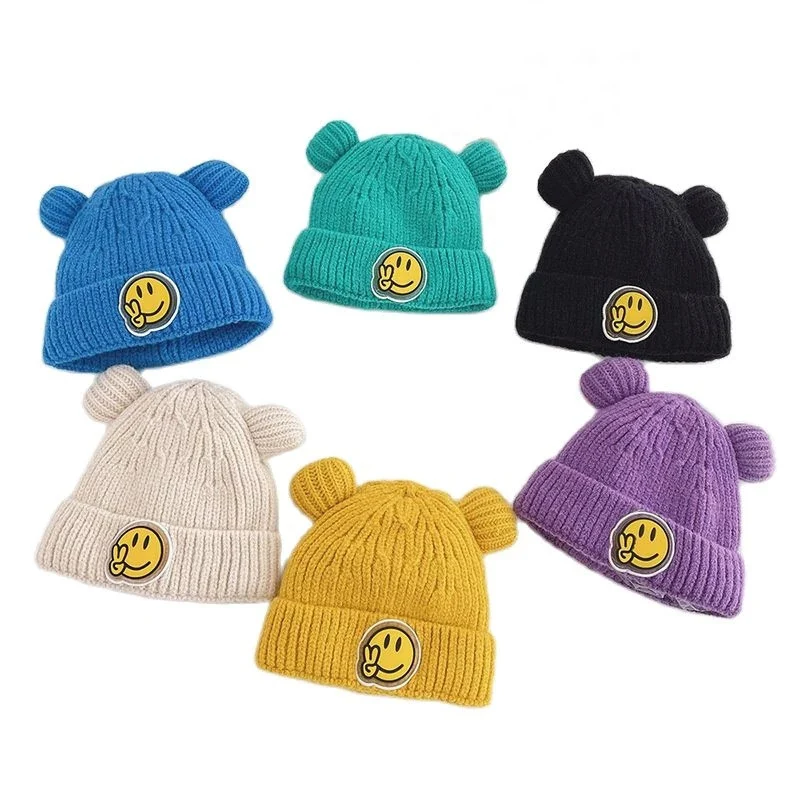 

Doitbest 2022, зимняя шапка для новорожденных, Детская Вязаная Шапка-бини со смайликом, вязаные теплые шапки-бини для маленьких девочек
