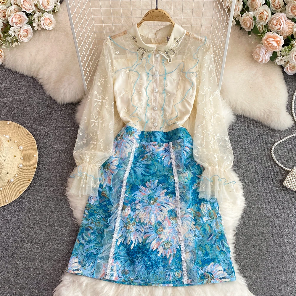 2023 Spring Women's Embroidered tulle dress  blue floral jacquard dress