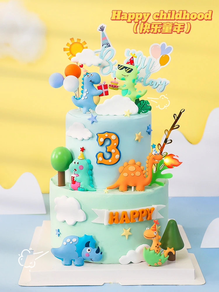 

Cartoon Soft Rubber Dinosaur Boy Baby Birthday Cake Topper Jungle Party Turtle Leaf Rainbow Cloud Paper Dessert Baking Supplies