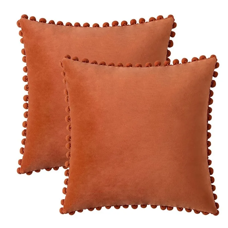 Inyahome Solid Color Velvet Pompom Pillow Case Decorative Sofa Cushion Cover 50x50cm 45x45cm 30x50cm Pillow Cover Home Decor
