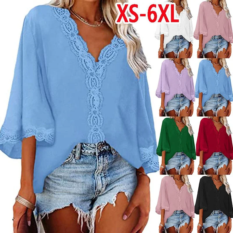 Womens Fashion Summer Half Loose Sleeve Blouses Deep V-neck Lace T- Shirts Ladies Solid Color Shirts