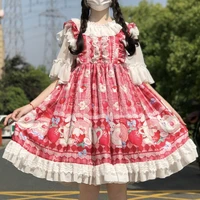 japanese sweet pink strawberry print jsk lolita dress women cute bow lace princess strap dress girly harajuku y2k mini vestidos