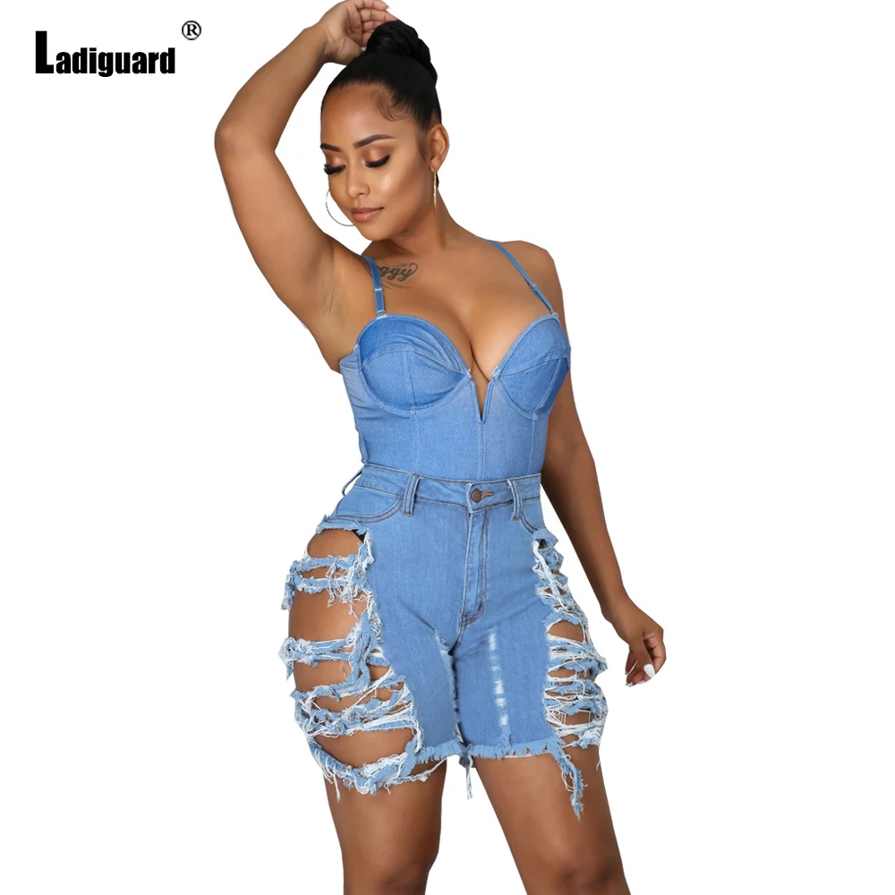 Sexy Fashion Shredded Jeans Playsuits Women Casual Sleeveless Denim Skinny Overalls 2023 European Style Ripped Demin Jumpsuits