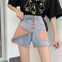 shorts women denim wide leg patchwork buttons irregular high waist slim korean chic novelty vintage students summer short womens