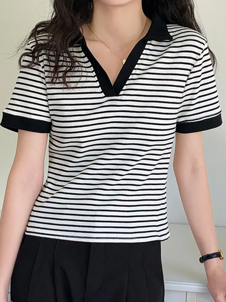 

Stripe T Shirts For Women Cotton Summer Slim Tops Turn-down Neck Short Sleeve Tshirt Korean Fashion T-shirts Ladies Clothes Tees
