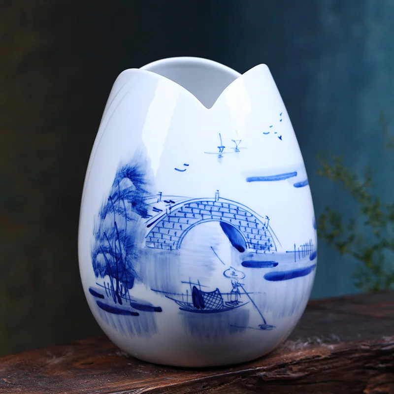 

Ceramic Small Flower Container Hand Painted Blue and White Porcelain Charm of Lotus Decoration Fashion Simple Family