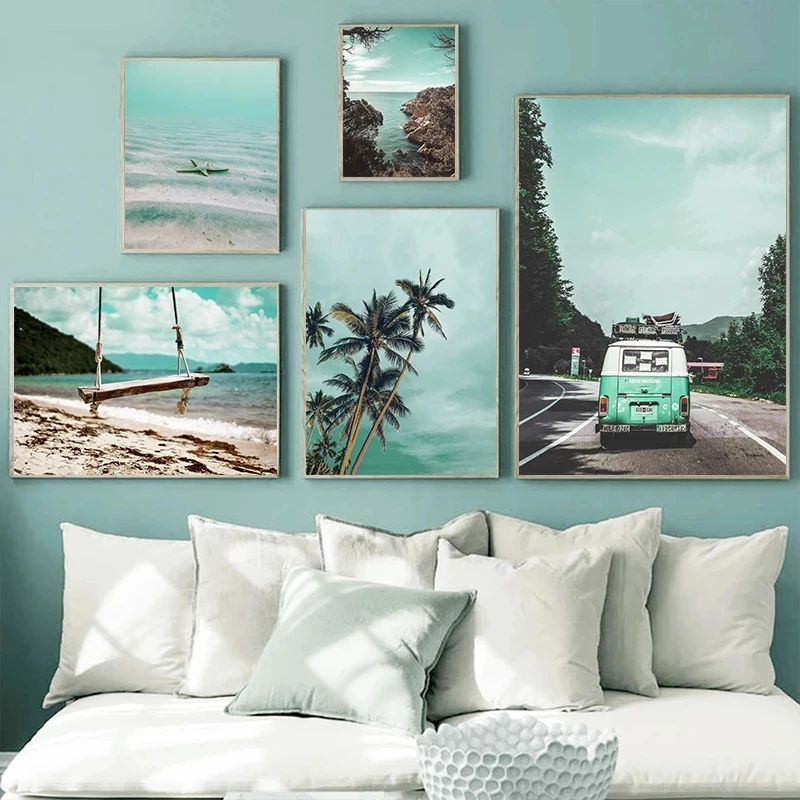 

Landscape Wall Art Poster Plam Tree Painting Beach Print Swing Posters Stone Paintings Nordic Wall Pictures Home Decoration